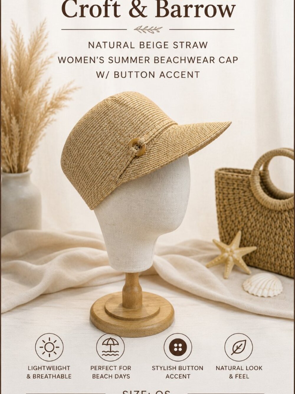 Croft & Barrow Straw Sun Hat Beige Beach Vacation Summer Cap OS